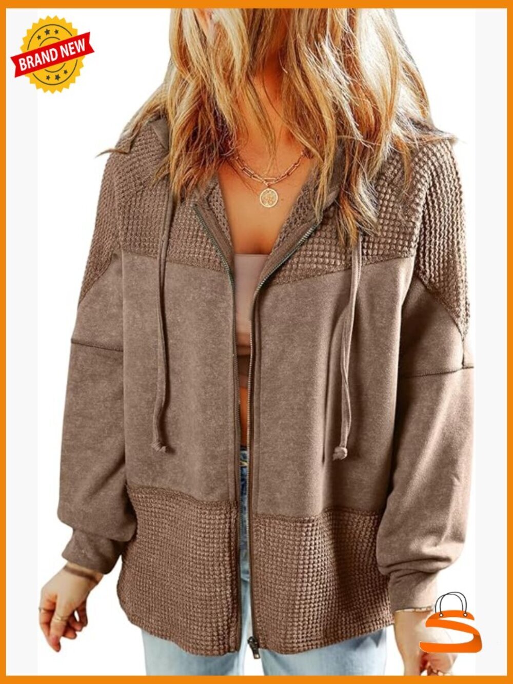 Waffle Knit Hoodie Jacket Zip Up Drawstring Fall Outfit
